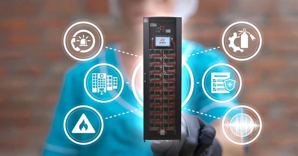 Image of ESS400 energy storage system with icons relating to emergency preparedness